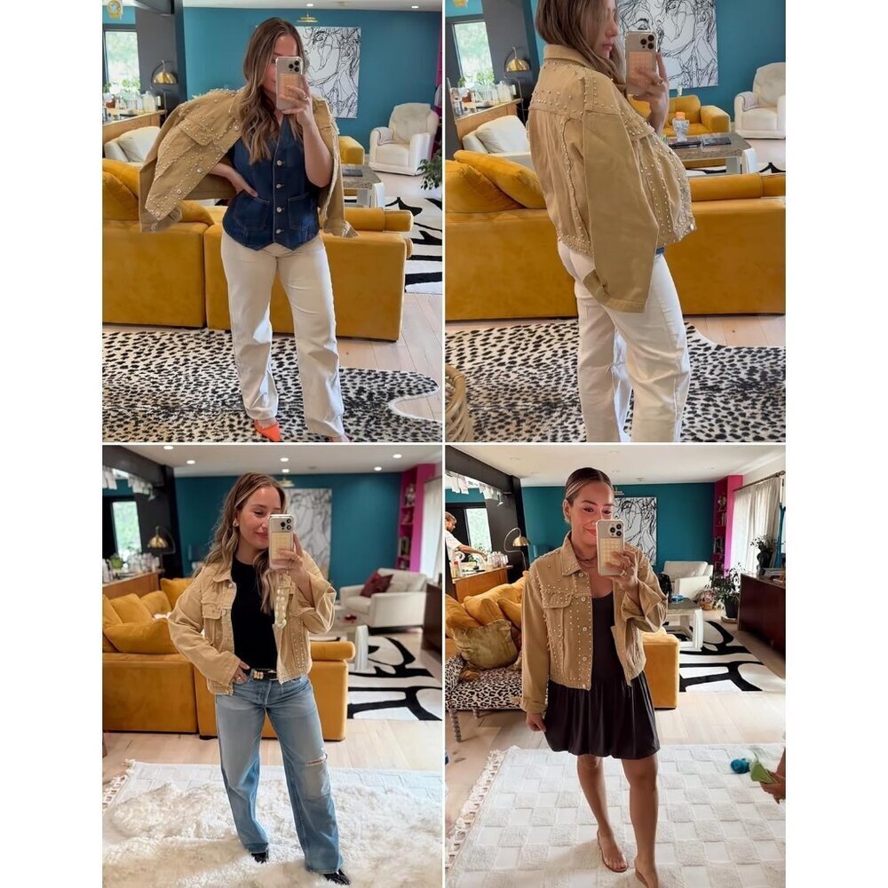 Women's Khaki Studded Cropped Jean Jacket Western Distressed Denim Coat Outdoor - Picture 6 of 6